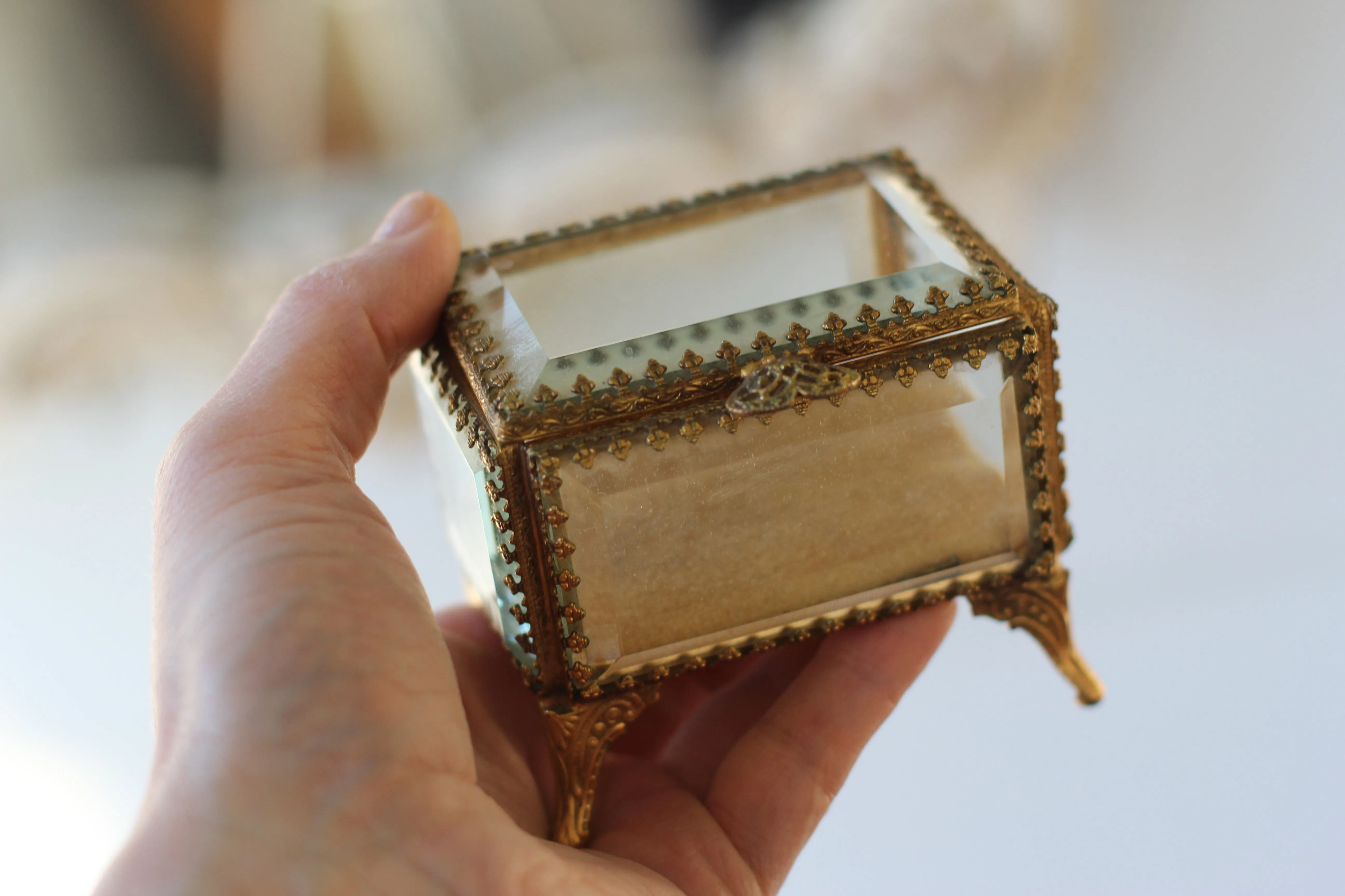 Vintage Small Ormolu Beveled Glass Jewelry Box