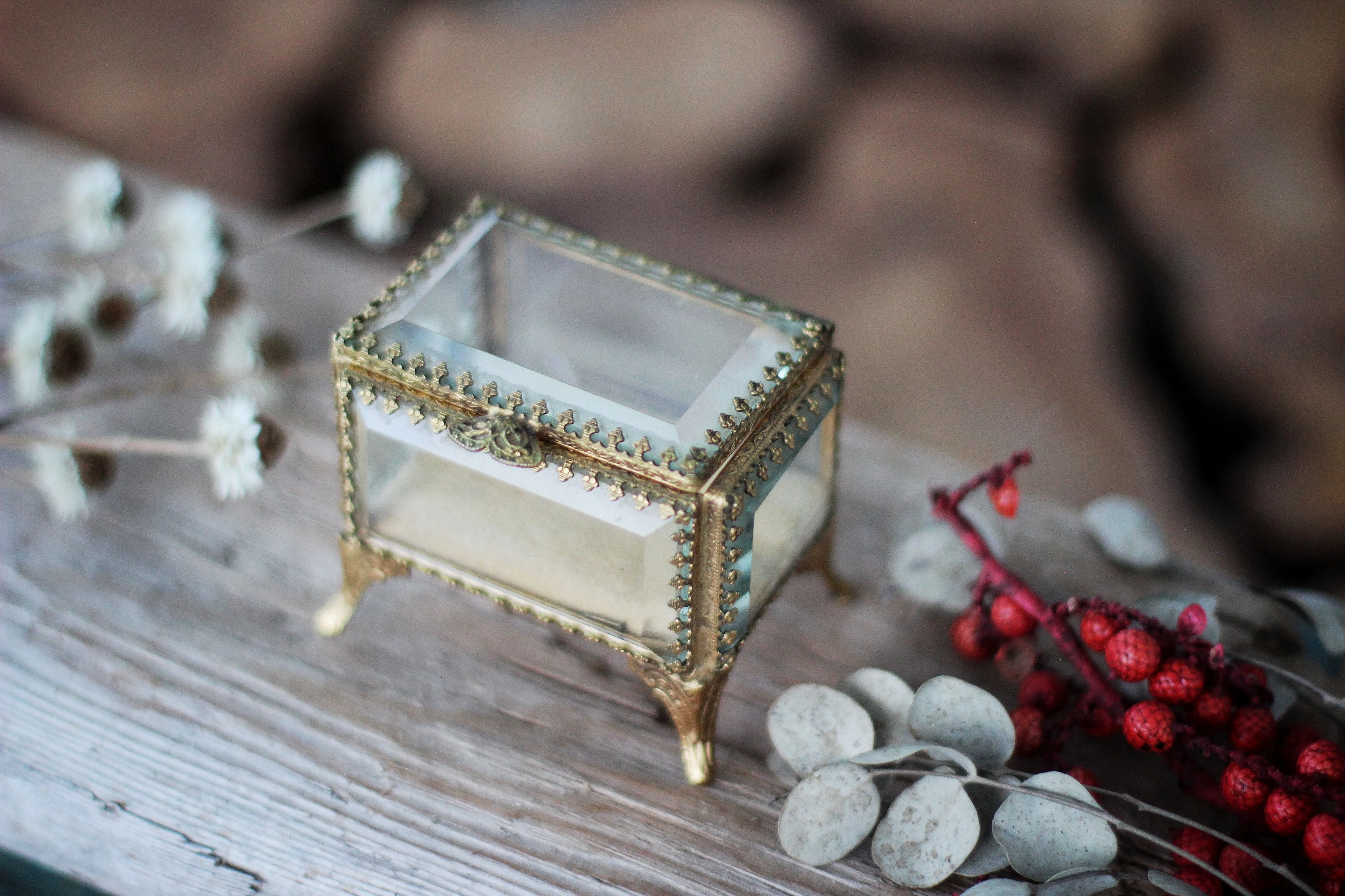 Vintage Small Ormolu Beveled Glass Jewelry Box