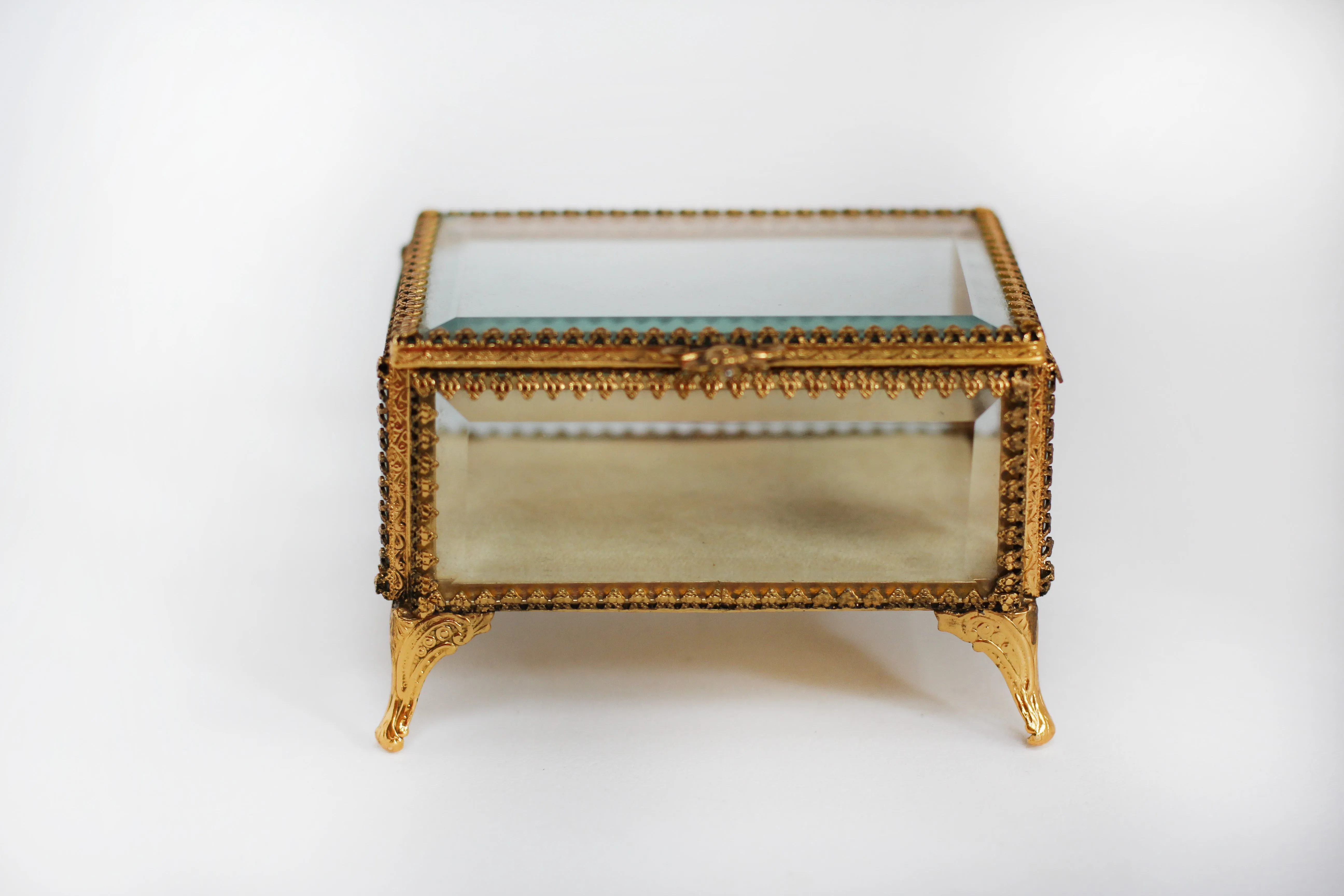 Vintage Small Ormolu Beveled Glass Jewelry Box