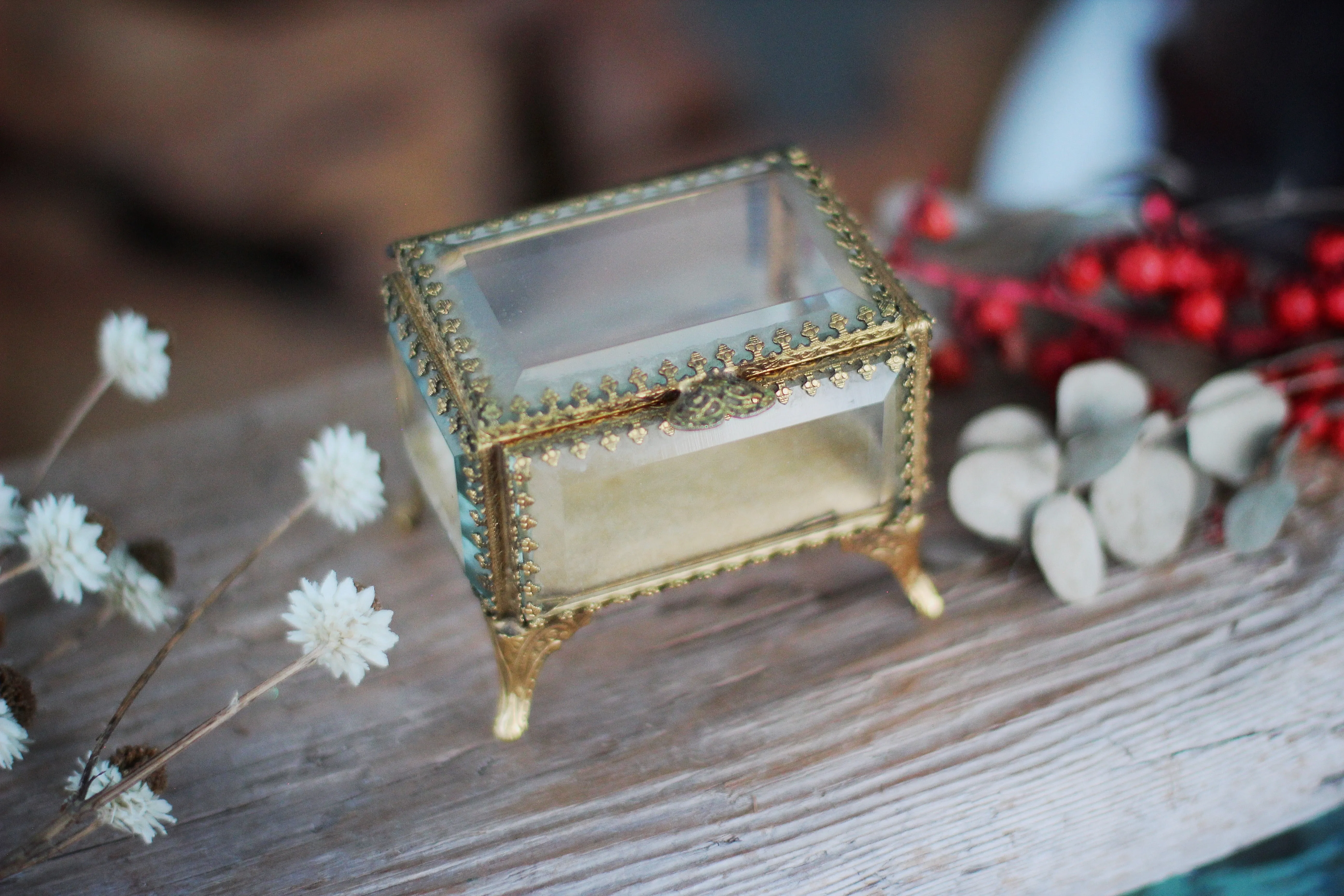 Vintage Small Ormolu Beveled Glass Jewelry Box