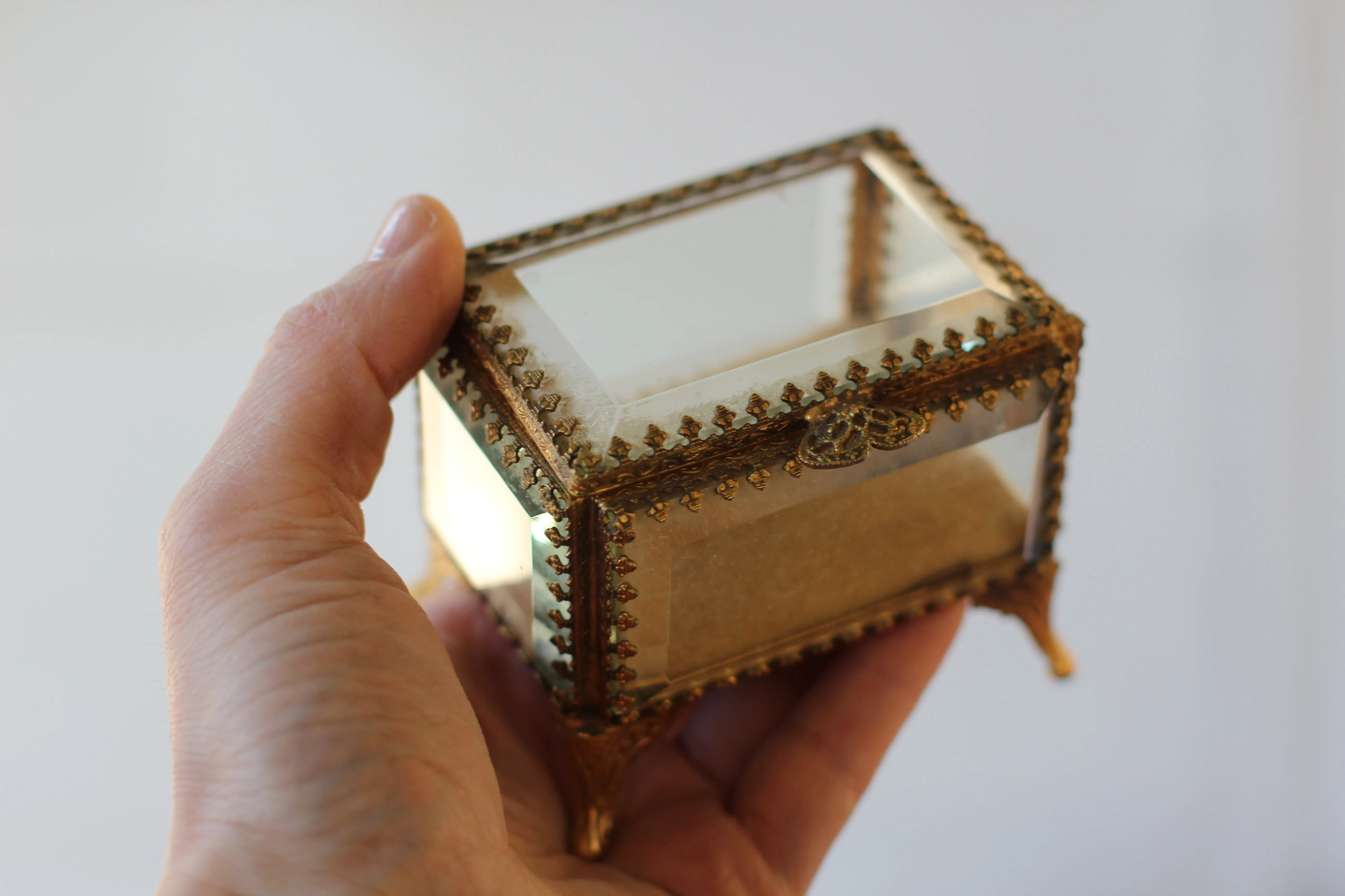 Vintage Small Ormolu Beveled Glass Jewelry Box